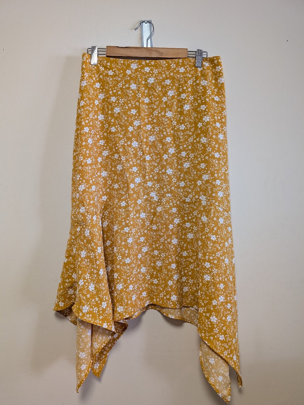 Kate Kasin Mustard Floral Handkerchief Hem Midi Skirt XL Cottagecore